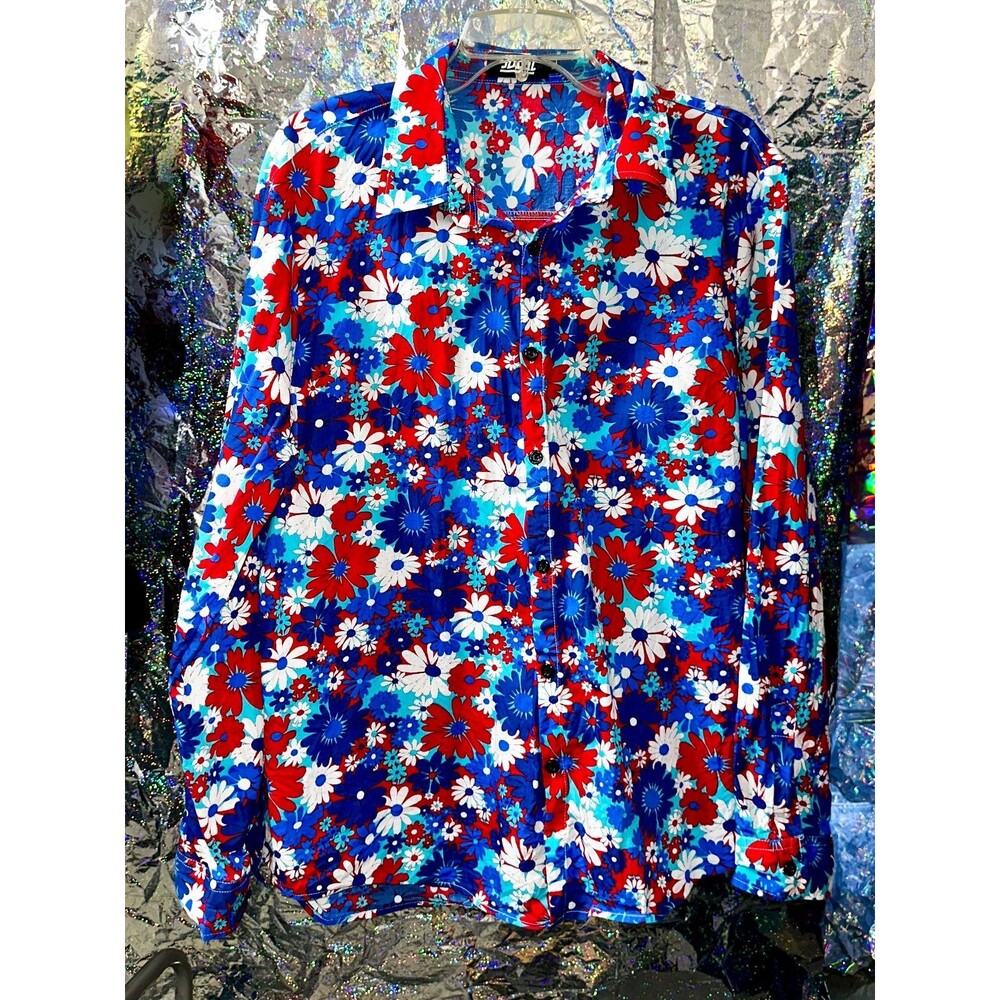 JOGAL Mens Red White Blue Long Sleeve 70s Vibrant Retro Cotton Shirt